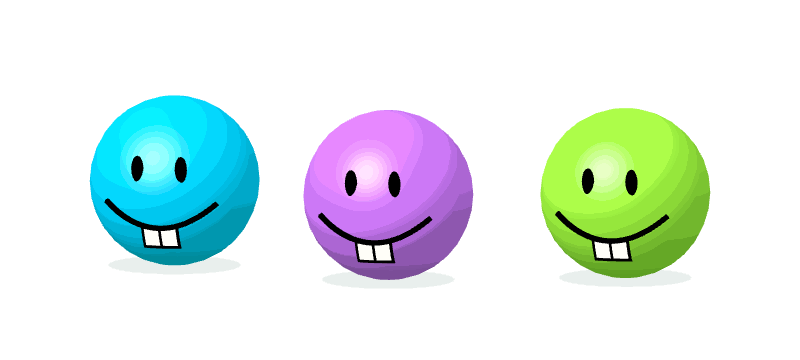 Tres mascotas redonditas de colores con sonrisa y dos dientes